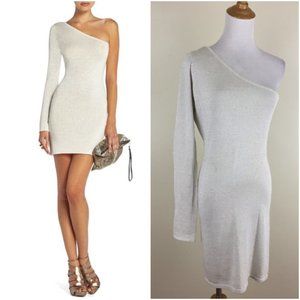 BCBGMAXAZRIA INYA Silver Glittery One Sleeve Dress